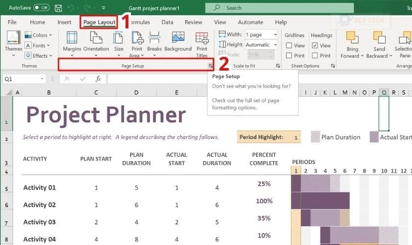 Chọn Page Setup trong Page Layout