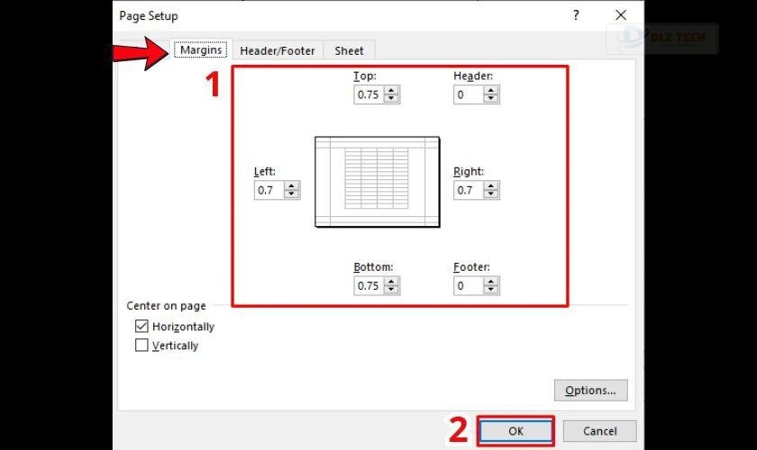 Đảm bảo lề trang đã được thiết lập đúng