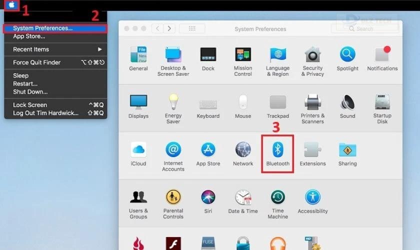 Truy cập máy tính chọn biểu tượng Apple để mở Bluetooth