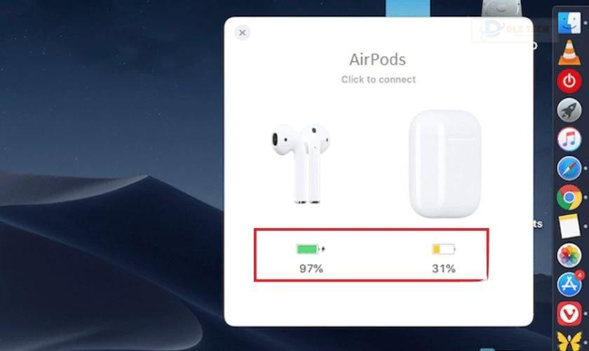 Khi kết nối thành công bạn sẽ thấy thông tin pin của Airpod
