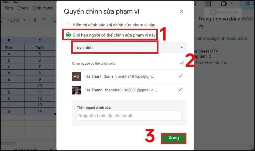 Giới hạn chỉnh sửa ô trong Google Sheet