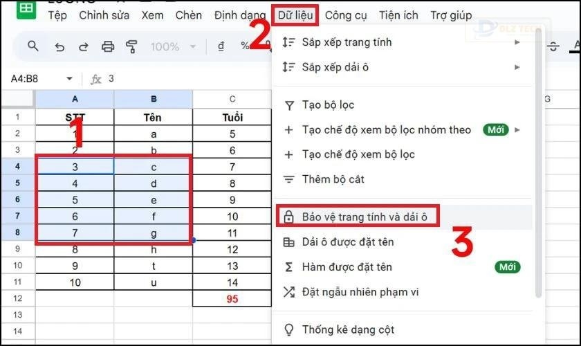 Khóa vùng dữ liệu trong Google Sheet
