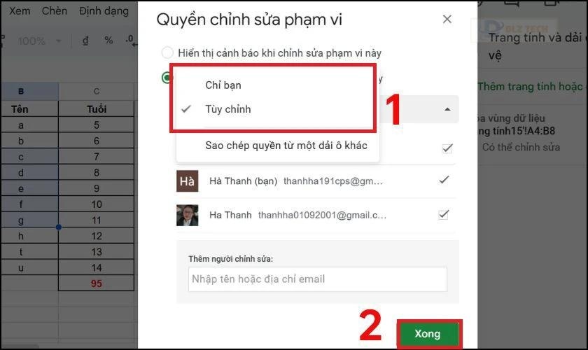 Chọn tùy chọn Chỉ bạn trên vùng dữ liệu