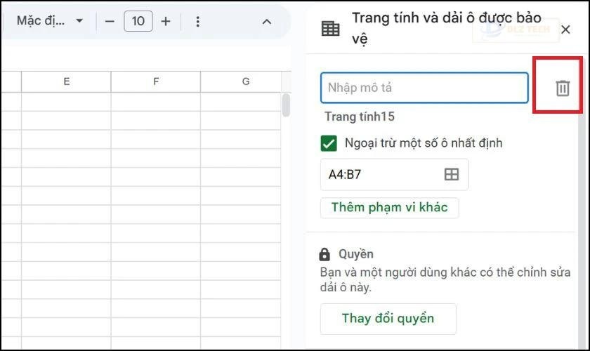 Nhấn vào biểu tượng Thùng rác trong Google Sheet