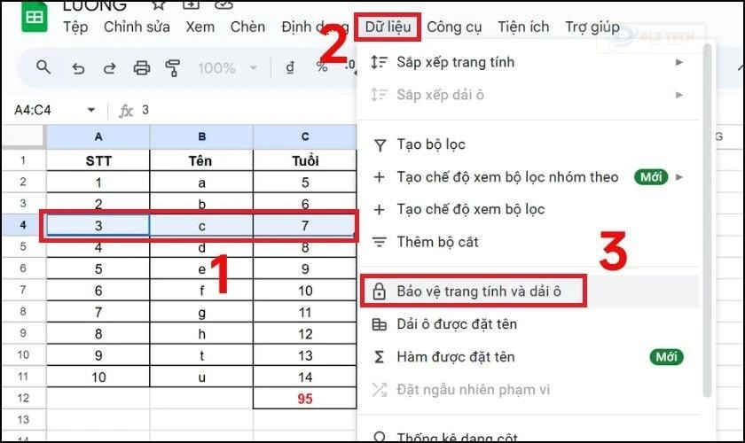 Khóa hàng trong Google Sheet