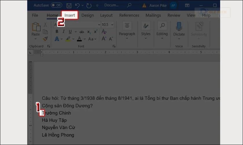 Đặt trỏ chuột vào vị trí cần khoanh và chọn Insert