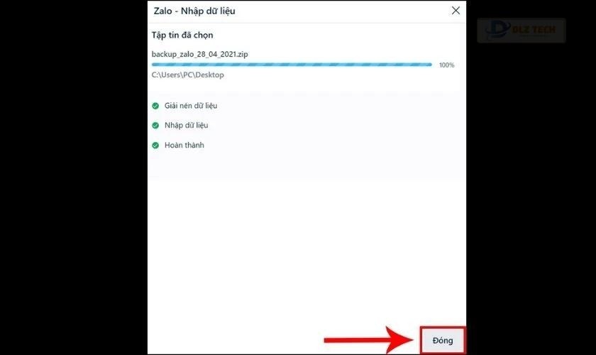 Xác nhận Đóng khi quá trình khôi phục dữ liệu hoàn tất