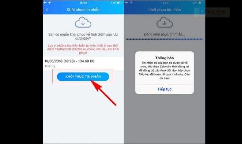 Bấm Tiếp tục để bắt đầu quá trình khôi phục tin nhắn