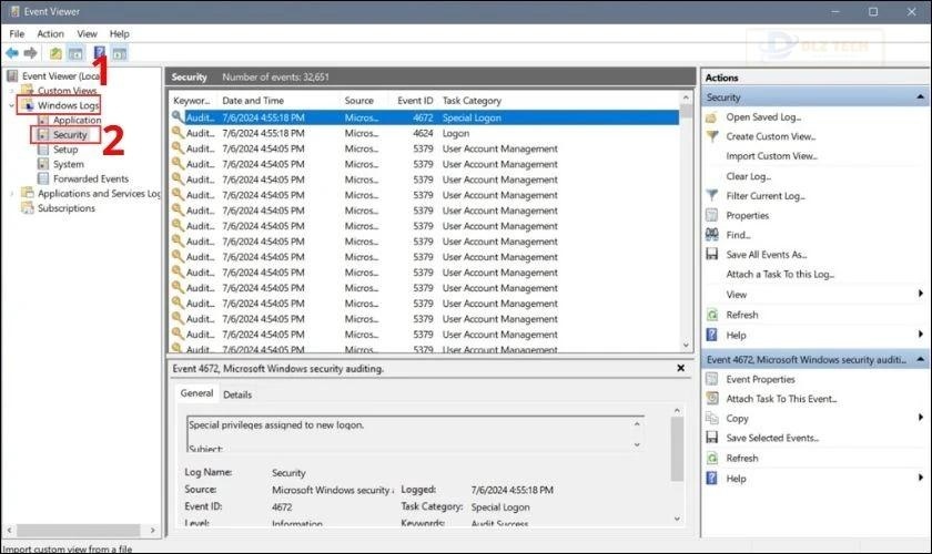 Trong Event Viewer, chọn Windows Logs và sau đó chọn Security
