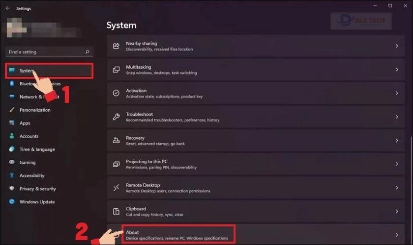 Chọn System kéo xuống và click chọn vào mục About
