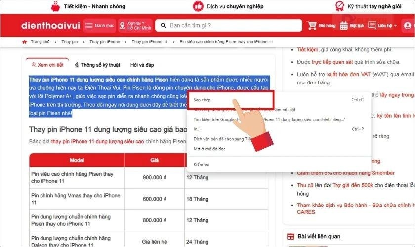 Nhấp chuột phải và chọn Copy trong menu Clipboard