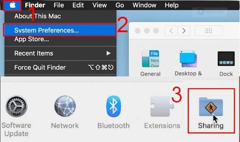 Nhấn vào biểu tượng quả táo Apple, chọn vào System Preferences…, chọn Sharing