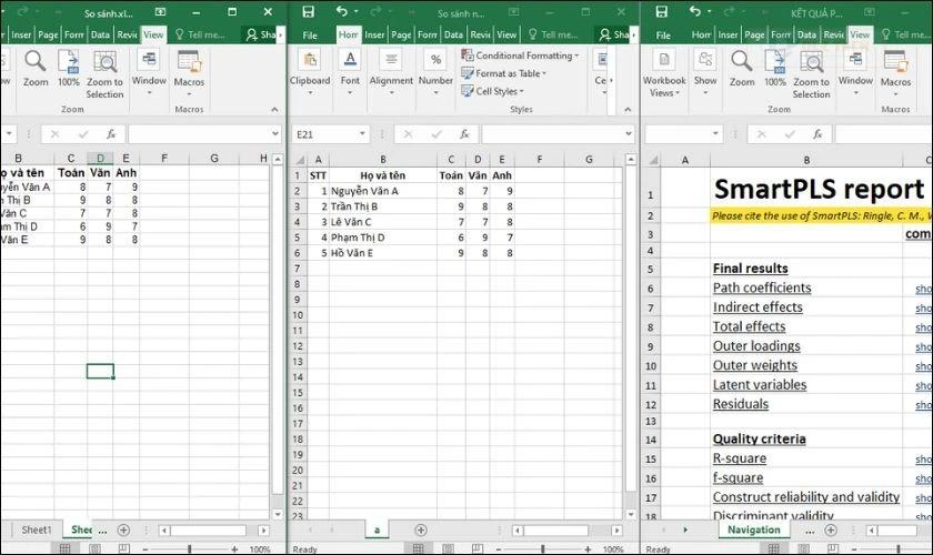 Các file Excel hiển thị cạnh nhau