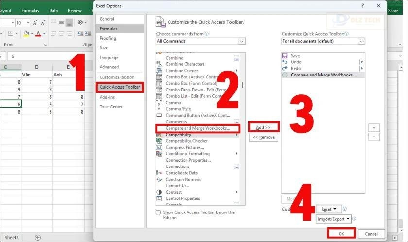 Thêm lệnh Compare and Merge Workbooks vào Quick Access Toolbar