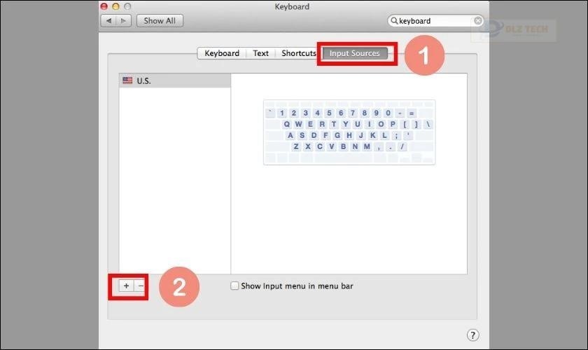 Click vào dấu cộng tại tab Input Source