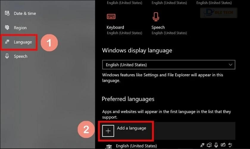 Chọn Add a language để thêm ngôn ngữ vào máy tính Windows 10