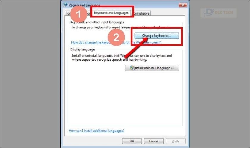 Click vào Change keyboards để đổi bàn phím máy tính sang tiếng Trung