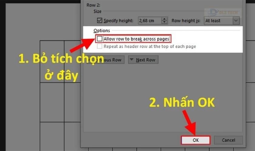 Tìm và bỏ tích ở ô Allow row to break across pages
