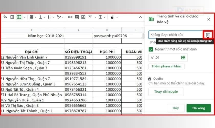 Chọn Thùng rác để bỏ khóa ô tính