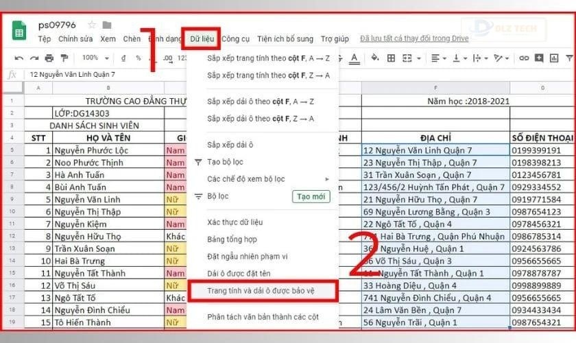 Trên thanh công cụ, nhấp vào Dữ liệu, chọn Trang tính và dải ô được bảo vệ