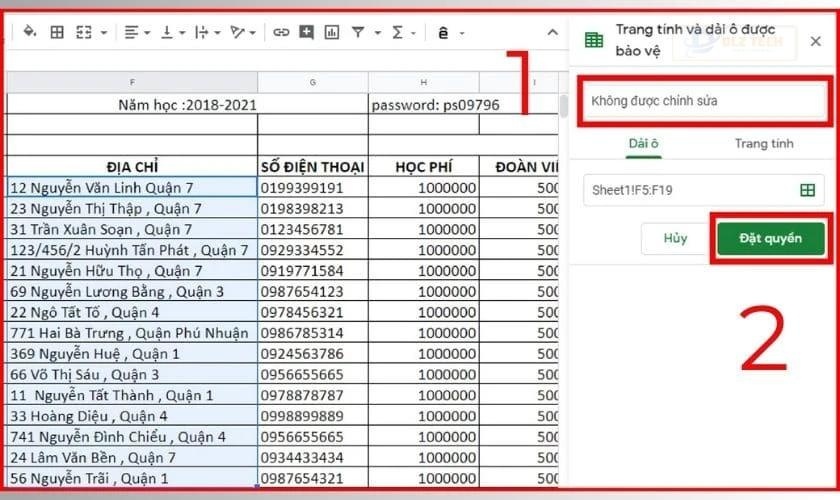 Bạn chỉ việc điền một dòng mô tả về lý do khóa ô, xong chọn Đặt quyền
