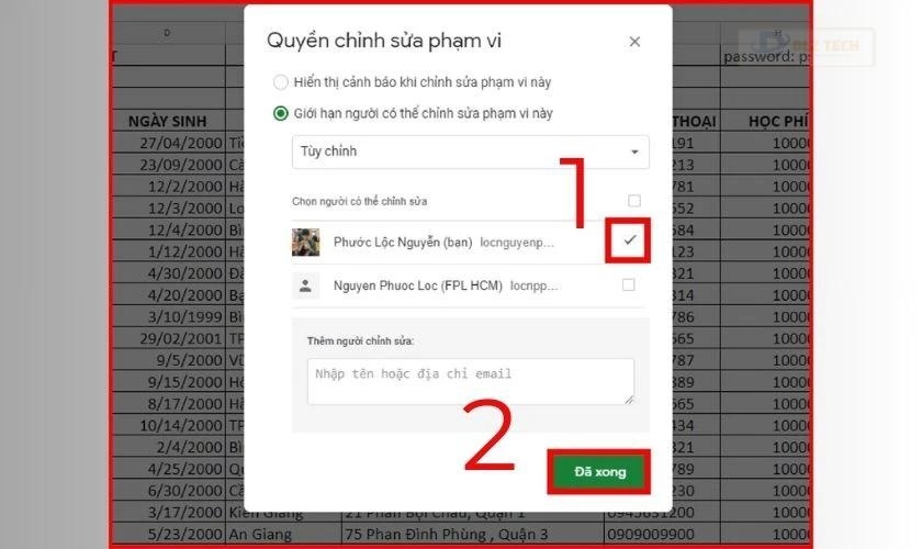 Tích vào hộp kiểm tên người dùng được phép chỉnh sửa nội dung và nhấn Đã xong để hoàn tất