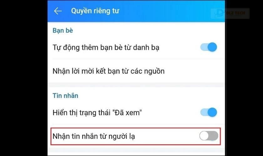 Gạt nút sang trái để tắt tính năng Nhận tin nhắn từ người lạ