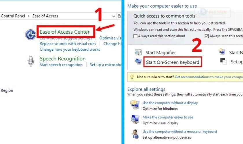 Chọn phần Ease of Access Center, cuối cùng chọn vào Start On-Screen Keyboard