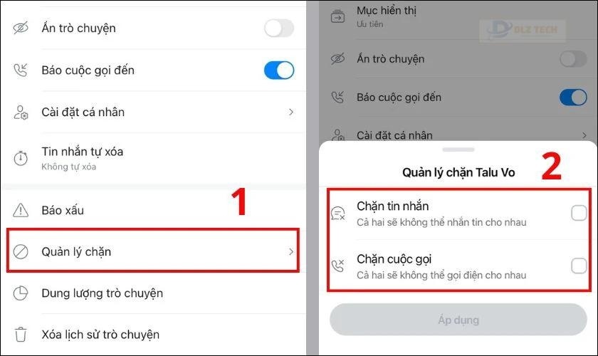 Tích chọn vào Chặn tin nhắn và Chặn cuộc gọi và cuối cùng bấm Áp dụng