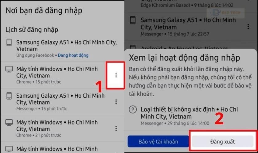 Nhấn vào dấu ba chấm bên cạnh thiết bị bạn muốn đăng xuất, chọn Đăng xuất