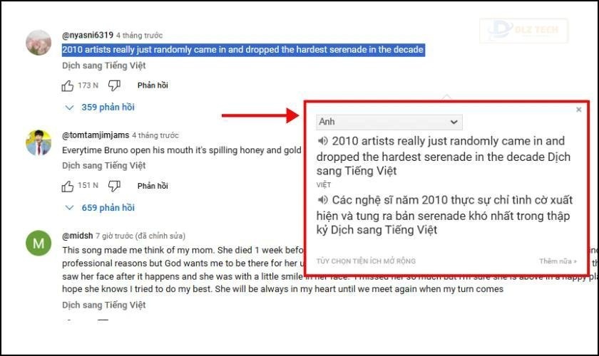 Chọn vào biểu tượng dịch để dịch sang tiếng Việt