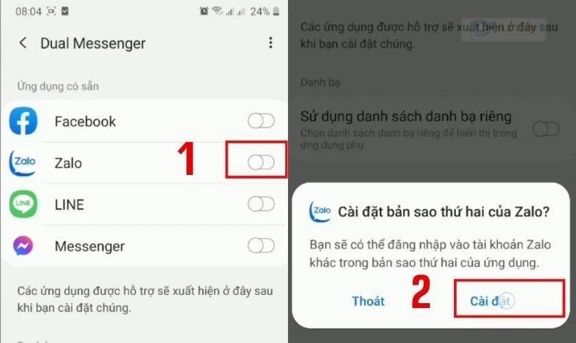 Chọn Cài đặt để xác nhận thiết lập hai ứng dụng Zalo trên điện thoại của bạn