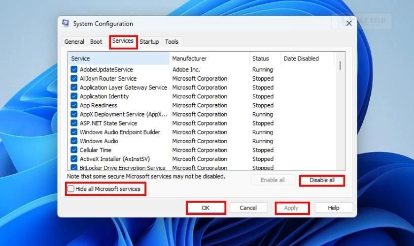 Disable all các dịch vụ không cần thiết