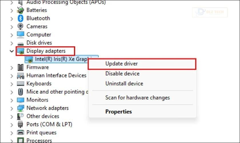 Nhấn chuột phải vào tên card đồ họa và chọn Update driver
