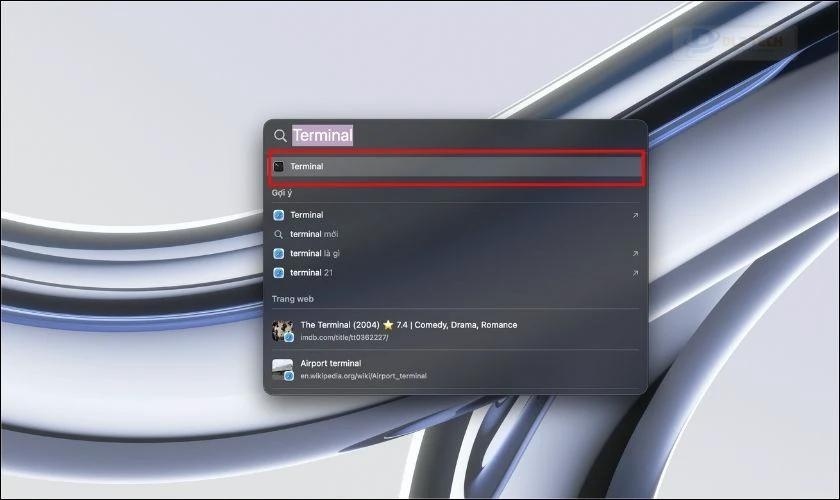 Nhập và chọn Terminal trong sửa sổ Spotlight