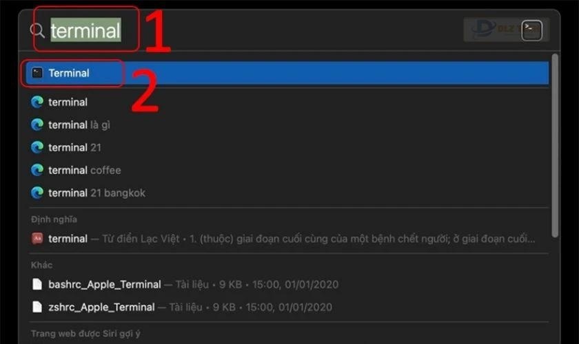 Mở công cụ tìm kiếm Spotlight và nhập Terminal