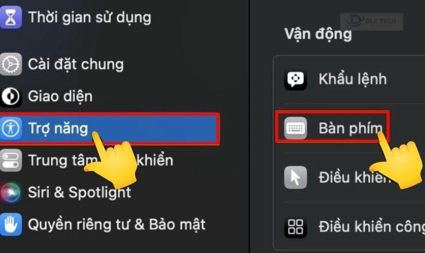Chọn trợ năng và bàn phím trong cài đặt