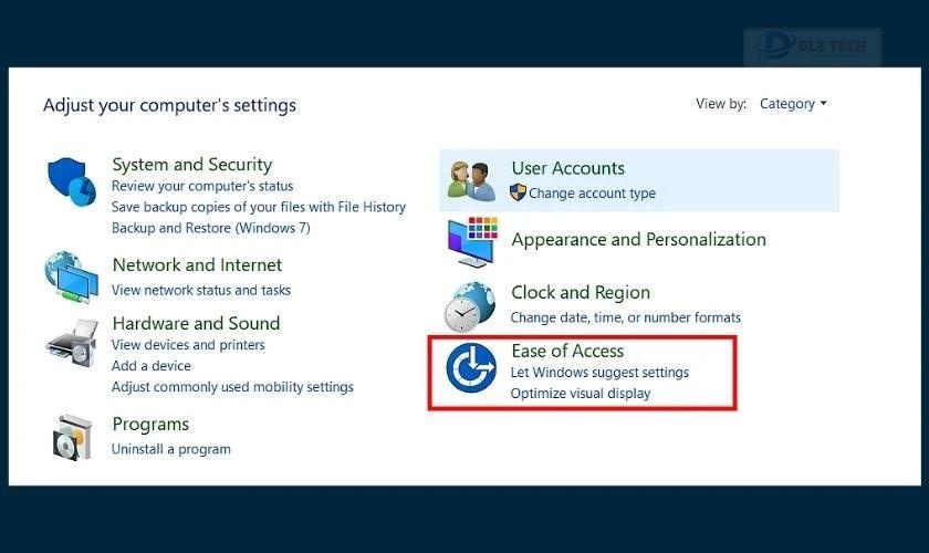 Chọn Ease of Access trong Control Panel
