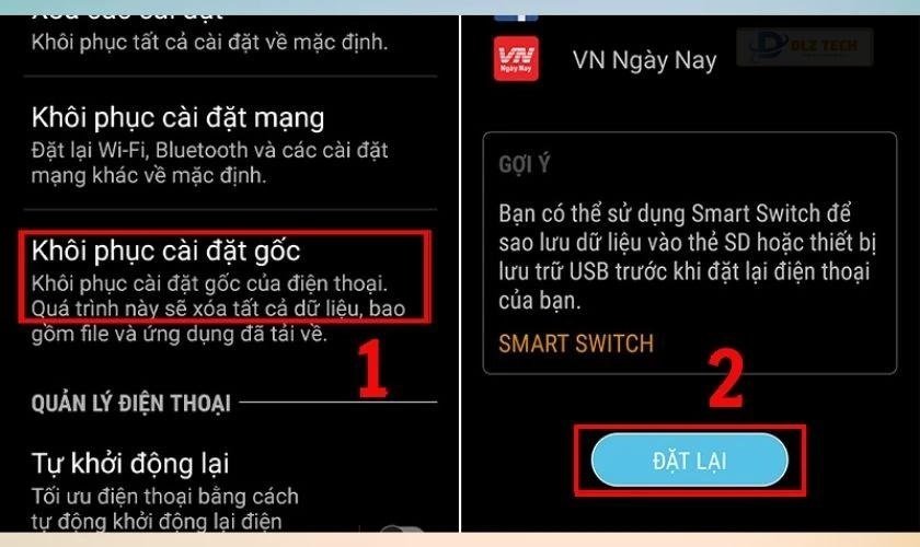 Chọn Khôi phục cài đặt gốc và nhấn Đặt lại để xác nhận và bắt đầu quá trình