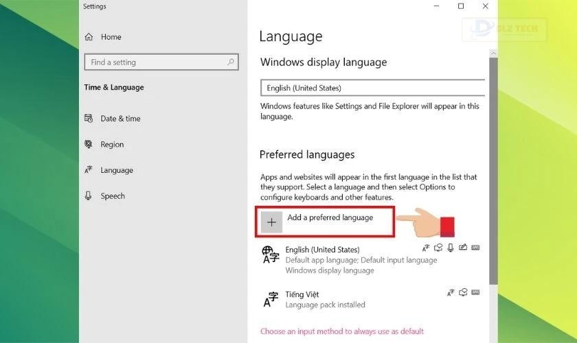 Nhấn chọn nút Add a preferred language