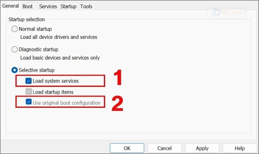 Đánh dấu vào 2 ô Load System services và Use original boot configuration