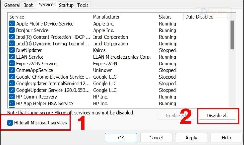 Click vào tùy chọn Hide All Microsoft Services và bấm nút Disable all