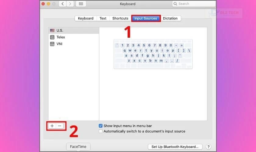 Nhấn vào mục Input Sources rồi bấm vào dấu cộng