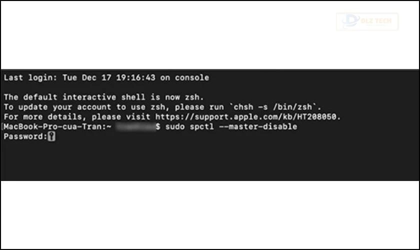 Khi xuất hiện bảng, hãy nhập lệnh “sudo spctl --master-disable” và mật khẩu sau khi Enter lần nữa