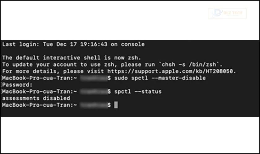 Hãy gõ lệnh “spctl --status” rồi Enter để kiểm tra Gatekeeper đã được tắt hay chưa. Nếu cửa sổ MacBook hiện “assessments disabled” nghĩa là đã thành công