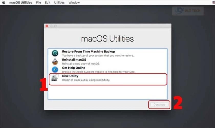 Bạn chọn Disk Utility và nhấn vào Continue