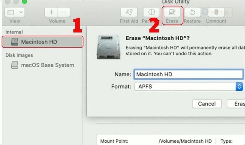 Bạn lựa chọn mục Macintosh HD và click chuột vào nút Erase