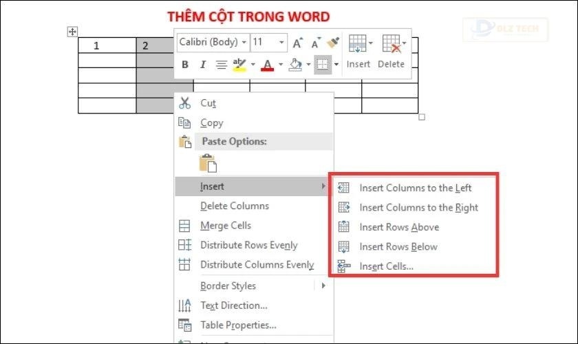 chèn thêm hàng, cột trong word