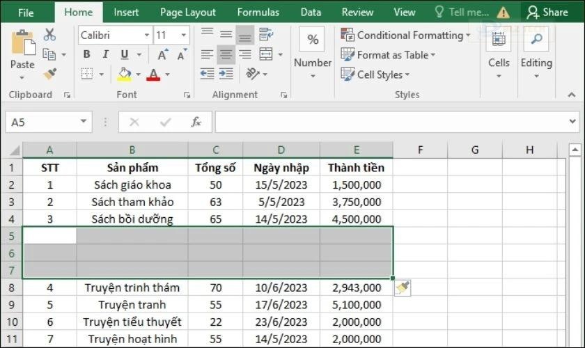 Kết quả sau khi thêm dòng trong Excel