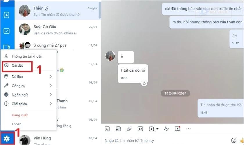 Mở ứng dụng Zalo, vào Cài đặt